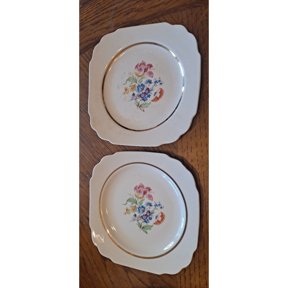 2- Vintage Harker Floral Ivory Gold Square Bread Plates - Early American Plates